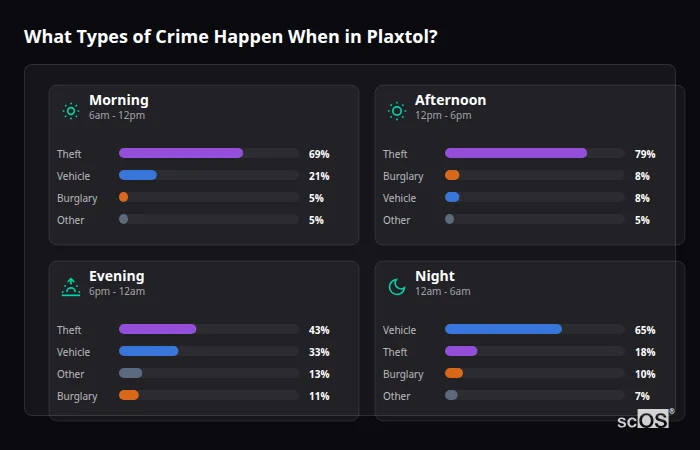 Crime types by time period for Plaxtol - showing breakdown of burglary, violence, theft, and vehicle crime by morning, afternoon, evening, and night