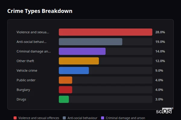Crime Types Breakdown for Rural Tonbridge and Malling - showing Violence and sexual offences (28%), Anti-social behaviour (19%), Criminal damage and arson (14%)