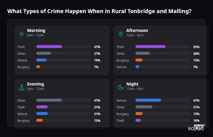 Crime types by time period for Rural Tonbridge and Malling - showing breakdown of burglary, violence, theft, and vehicle crime by morning, afternoon, evening, and night