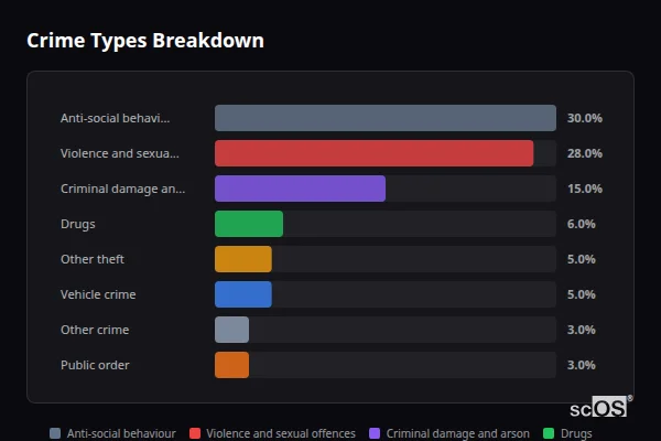 Crime Types Breakdown for Wrotham - showing Anti-social behaviour (30%), Violence and sexual offences (28%), Criminal damage and arson (15%)