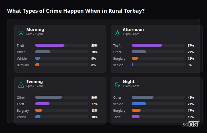 What Types of Crime Happen When in Rural Torbay? Crime types by time period for Rural Torbay - showing breakdown of burglary, violence, theft, and vehicle crime by morning, afternoon, evening, and night