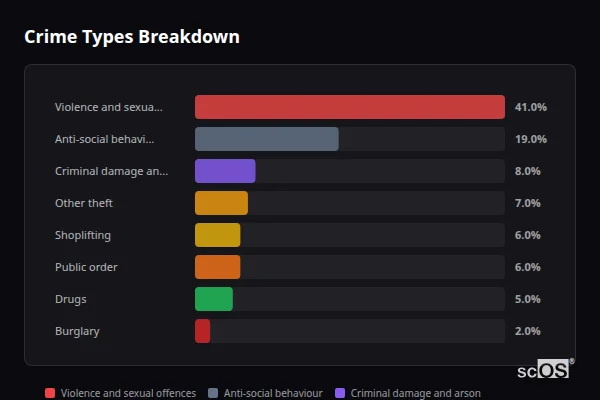 Crime Types Breakdown for Torquay - showing Violence and sexual offences (41%), Anti-social behaviour (19%), Criminal damage and arson (8%)