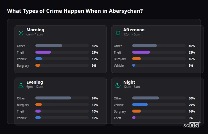 Crime types by time period for Abersychan - showing breakdown of burglary, violence, theft, and vehicle crime by morning, afternoon, evening, and night