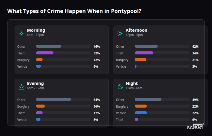Crime types by time period for Pontypool - showing breakdown of burglary, violence, theft, and vehicle crime by morning, afternoon, evening, and night
