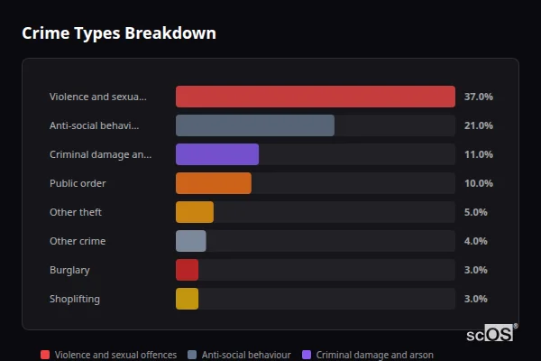 Crime Types Breakdown for Rural Torfaen - showing Violence and sexual offences (37%), Anti-social behaviour (21%), Criminal damage and arson (11%)