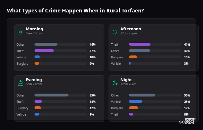 Crime types by time period for Rural Torfaen - showing breakdown of burglary, violence, theft, and vehicle crime by morning, afternoon, evening, and night