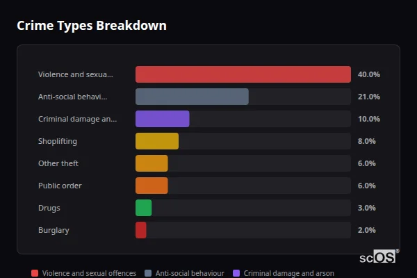 Crime Types Breakdown - Bideford Crime Types Breakdown for Bideford - showing Violence and sexual offences (40%), Anti-social behaviour (21%), Criminal damage and arson (10%)