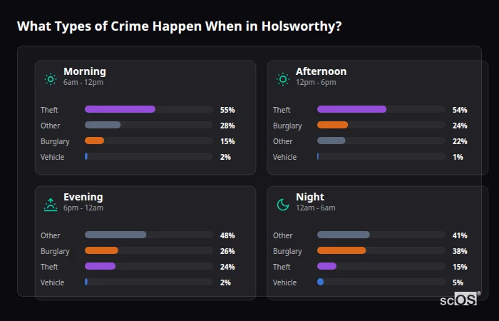 Crime types by time period for Holsworthy - showing breakdown of burglary, violence, theft, and vehicle crime by morning, afternoon, evening, and night