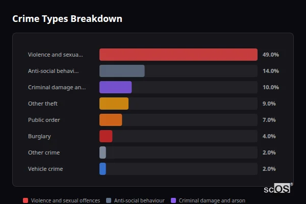 Crime Types Breakdown - Rural Torridge Crime Types Breakdown for Rural Torridge - showing Violence and sexual offences (49%), Anti-social behaviour (14%), Criminal damage and arson (10%)
