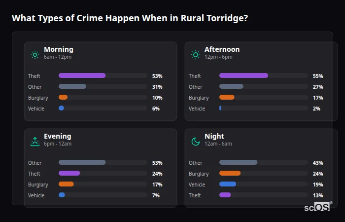 What Types of Crime Happen When in Rural Torridge? Crime types by time period for Rural Torridge - showing breakdown of burglary, violence, theft, and vehicle crime by morning, afternoon, evening, and night