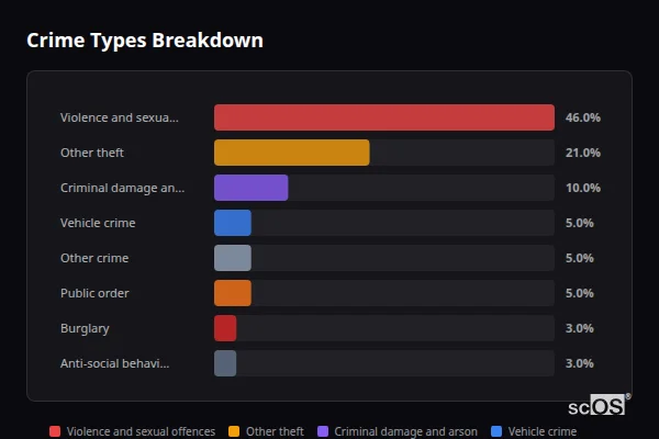 Crime Types Breakdown for Woolfardisworthy - showing Violence and sexual offences (46%), Other theft (21%), Criminal damage and arson (10%)