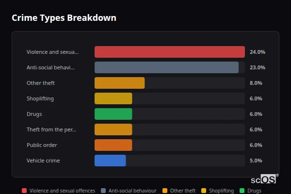 Crime Types Breakdown - Tower Hamlets Crime Types Breakdown for Tower Hamlets - showing Violence and sexual offences (24%), Anti-social behaviour (23%), Other theft (8%)