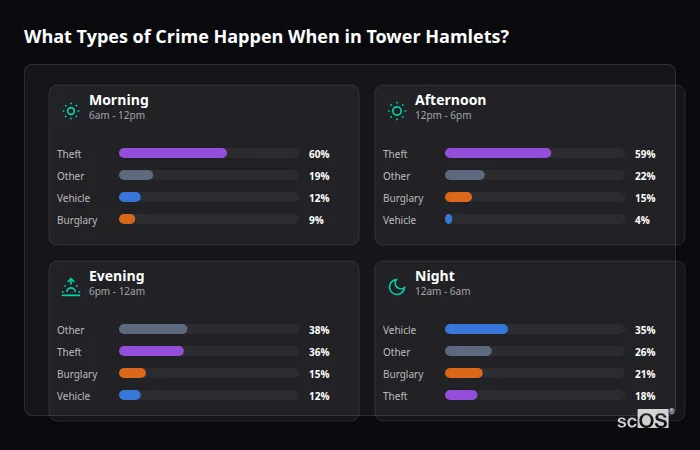 What Types of Crime Happen When in Tower Hamlets? Crime types by time period for Tower Hamlets - showing breakdown of burglary, violence, theft, and vehicle crime by morning, afternoon, evening, and night