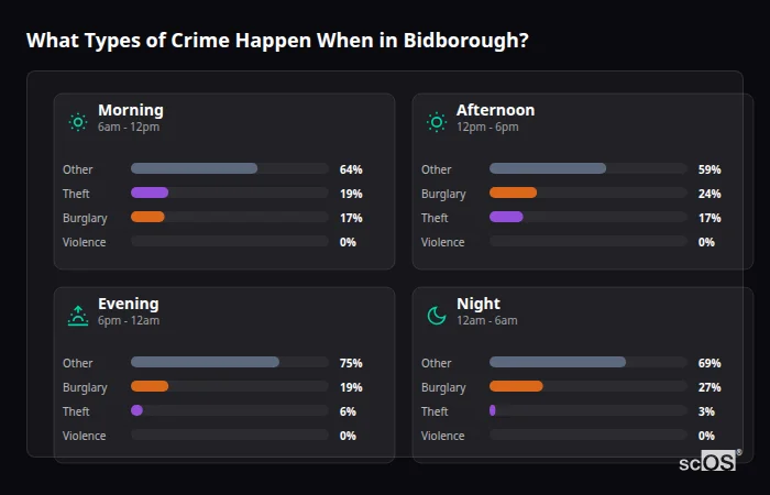 Crime types by time period for Bidborough - showing breakdown of burglary, violence, theft, and vehicle crime by morning, afternoon, evening, and night