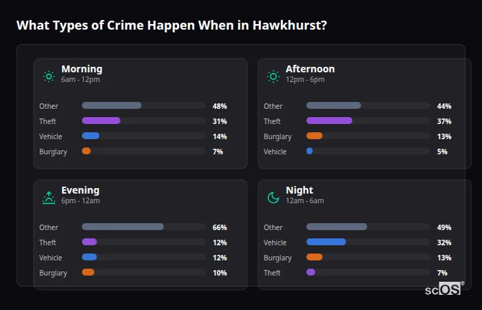 Crime types by time period for Hawkhurst - showing breakdown of burglary, violence, theft, and vehicle crime by morning, afternoon, evening, and night
