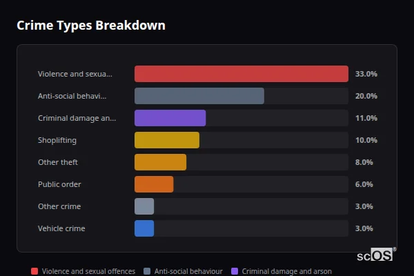 Crime Types Breakdown for Paddock Wood - showing Violence and sexual offences (33%), Anti-social behaviour (20%), Criminal damage and arson (11%)