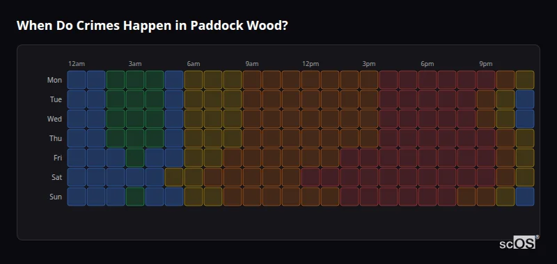 Crime time heatmap for Paddock Wood - showing when crimes are most likely to occur by day and hour