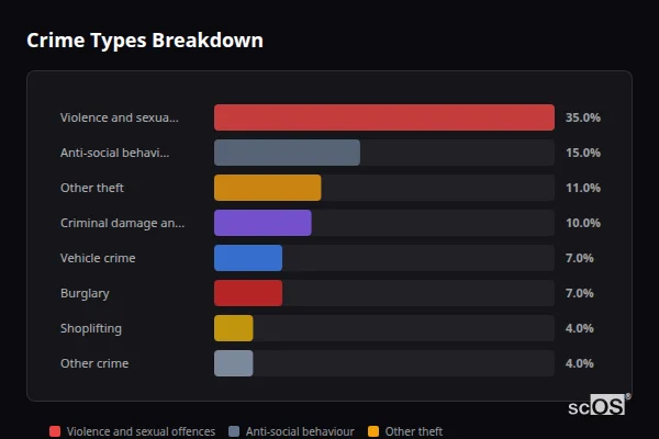Crime Types Breakdown for Rural Tunbridge Wells - showing Violence and sexual offences (35%), Anti-social behaviour (15%), Other theft (11%)