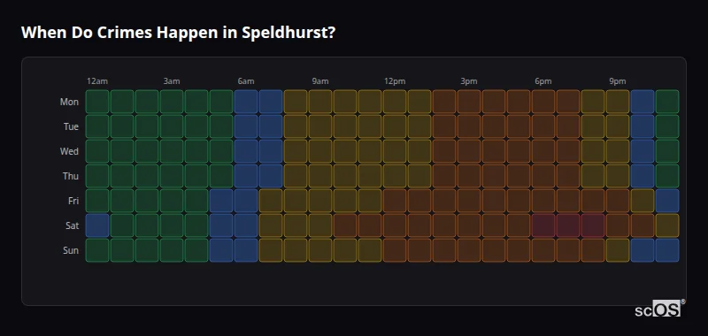 Crime time heatmap for Speldhurst - showing when crimes are most likely to occur by day and hour