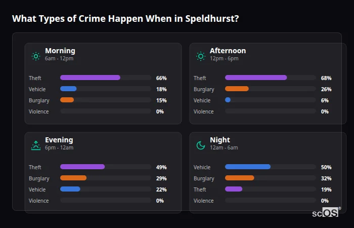 Crime types by time period for Speldhurst - showing breakdown of burglary, violence, theft, and vehicle crime by morning, afternoon, evening, and night