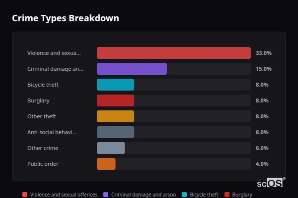 Crime Types Breakdown for Elder Street - showing Violence and sexual offences (33%), Criminal damage and arson (15%), Bicycle theft (8%)