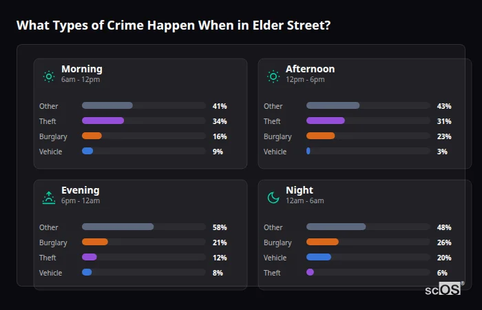 Crime types by time period for Elder Street - showing breakdown of burglary, violence, theft, and vehicle crime by morning, afternoon, evening, and night