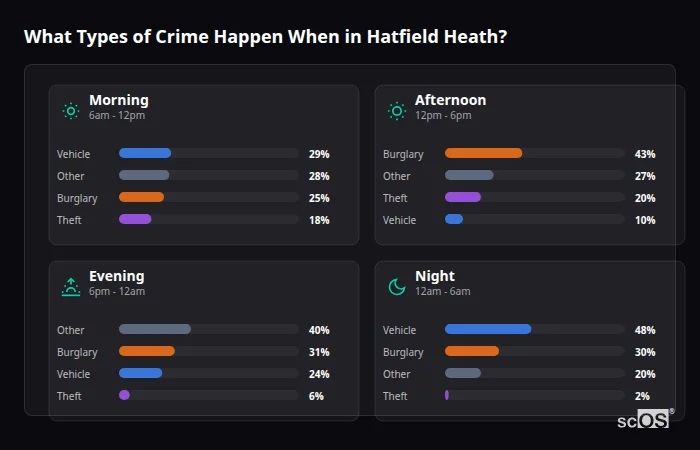 Crime types by time period for Hatfield Heath - showing breakdown of burglary, violence, theft, and vehicle crime by morning, afternoon, evening, and night