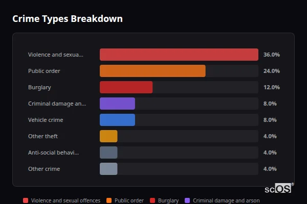 Crime Types Breakdown for Manuden - showing Violence and sexual offences (36%), Public order (24%), Burglary (12%)