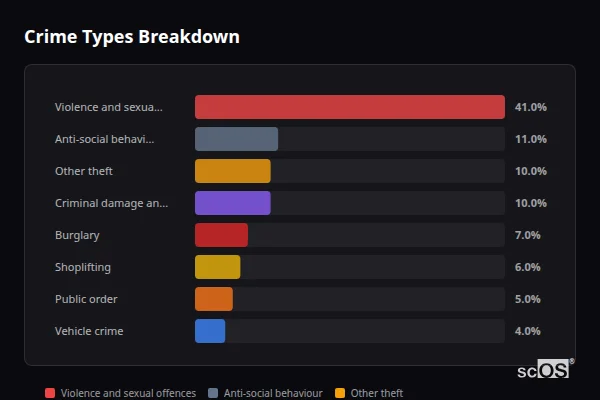 Crime Types Breakdown for Saffron Walden - showing Violence and sexual offences (41%), Anti-social behaviour (11%), Other theft (10%)