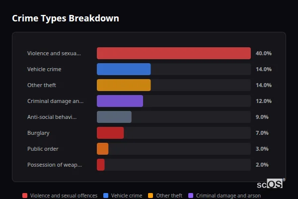Crime Types Breakdown - Stebbing Crime Types Breakdown for Stebbing - showing Violence and sexual offences (40%), Vehicle crime (14%), Other theft (14%)