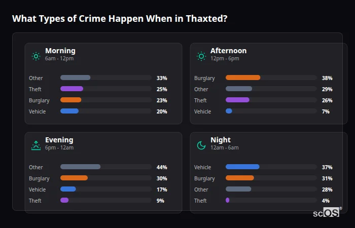 What Types of Crime Happen When in Thaxted? Crime types by time period for Thaxted - showing breakdown of burglary, violence, theft, and vehicle crime by morning, afternoon, evening, and night