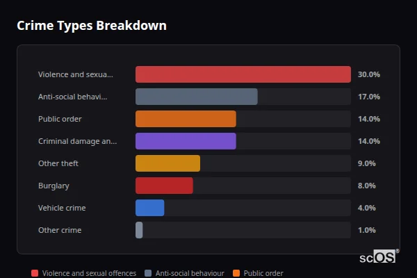 Crime Types Breakdown for Ogmore-by-Sea - showing Violence and sexual offences (30%), Anti-social behaviour (17%), Public order (14%)
