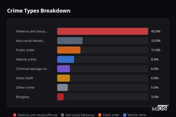 Crime Types Breakdown for Rhoose - showing Violence and sexual offences (43%), Anti-social behaviour (12%), Public order (11%)