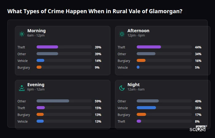 What Types of Crime Happen When in Rural Vale of Glamorgan? Crime types by time period for Rural Vale of Glamorgan - showing breakdown of burglary, violence, theft, and vehicle crime by morning, afternoon, evening, and night
