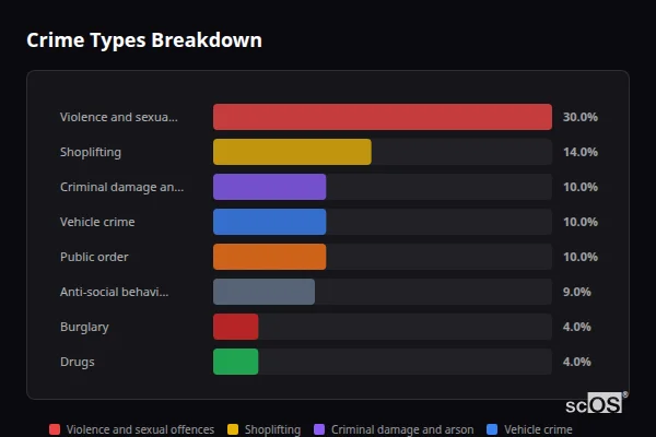 Crime Types Breakdown for Kennington - showing Violence and sexual offences (30%), Shoplifting (14%), Criminal damage and arson (10%)