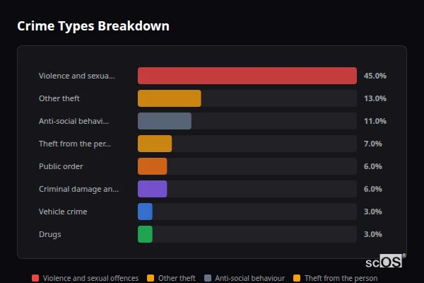Crime Types Breakdown - Steventon Crime Types Breakdown for Steventon - showing Violence and sexual offences (45%), Other theft (13%), Anti-social behaviour (11%)