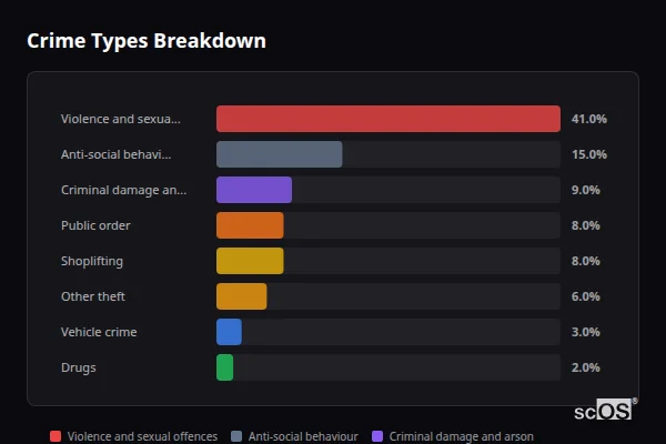 Crime Types Breakdown - Wantage Crime Types Breakdown for Wantage - showing Violence and sexual offences (41%), Anti-social behaviour (15%), Criminal damage and arson (9%)