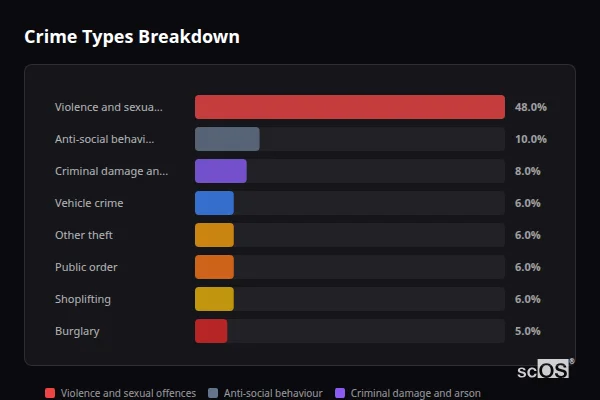 Crime Types Breakdown for Ackworth Moor Top - showing Violence and sexual offences (48%), Anti-social behaviour (10%), Criminal damage and arson (8%)