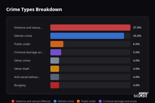 Crime Types Breakdown for Darrington - showing Violence and sexual offences (37%), Vehicle crime (34%), Public order (6%)