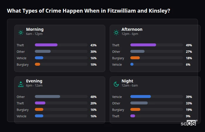 Crime types by time period for Fitzwilliam and Kinsley - showing breakdown of burglary, violence, theft, and vehicle crime by morning, afternoon, evening, and night