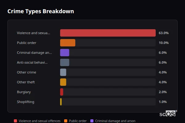 Crime Types Breakdown for Hall Green - showing Violence and sexual offences (63%), Public order (10%), Criminal damage and arson (6%)