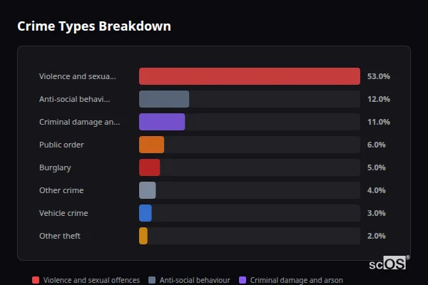 Crime Types Breakdown - Havercroft and Ryhill Crime Types Breakdown for Havercroft and Ryhill - showing Violence and sexual offences (53%), Anti-social behaviour (12%), Criminal damage and arson (11%)