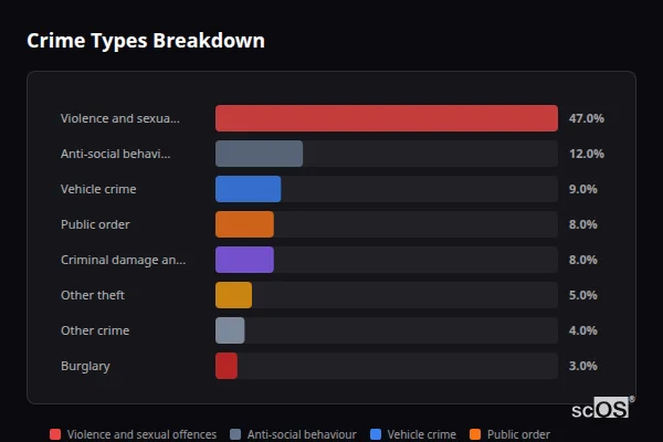 Crime Types Breakdown for Holmfield - showing Violence and sexual offences (47%), Anti-social behaviour (12%), Vehicle crime (9%)