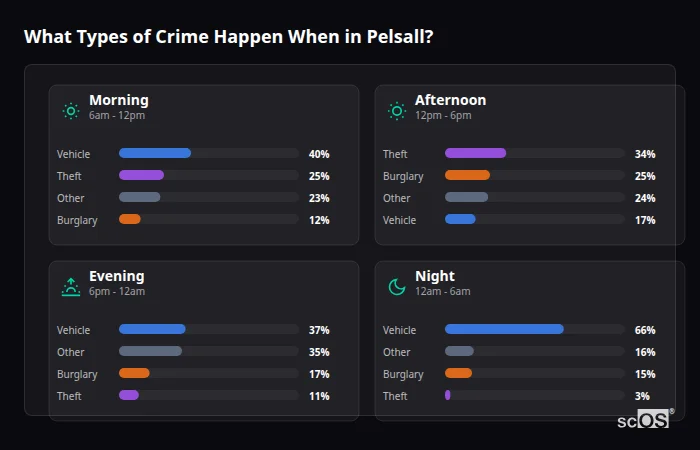 What Types of Crime Happen When in Pelsall? Crime types by time period for Pelsall - showing breakdown of burglary, violence, theft, and vehicle crime by morning, afternoon, evening, and night