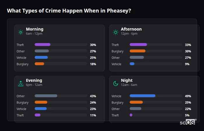 What Types of Crime Happen When in Pheasey? Crime types by time period for Pheasey - showing breakdown of burglary, violence, theft, and vehicle crime by morning, afternoon, evening, and night