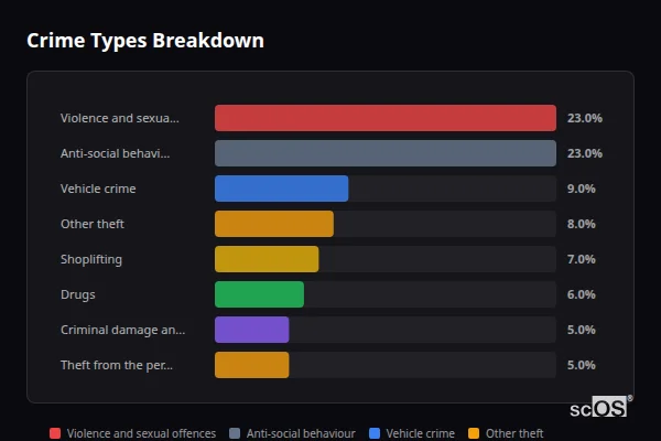 Crime Types Breakdown - Waltham Forest Crime Types Breakdown for Waltham Forest - showing Violence and sexual offences (23%), Anti-social behaviour (23%), Vehicle crime (9%)