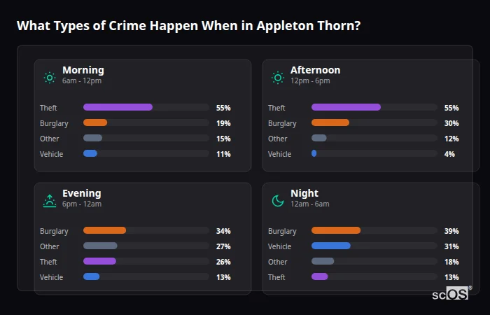 Crime types by time period for Appleton Thorn - showing breakdown of burglary, violence, theft, and vehicle crime by morning, afternoon, evening, and night