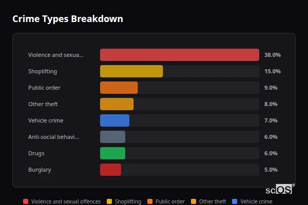 Crime Types Breakdown for Burtonwood - showing Violence and sexual offences (38%), Shoplifting (15%), Public order (9%)
