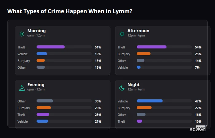What Types of Crime Happen When in Lymm? Crime types by time period for Lymm - showing breakdown of burglary, violence, theft, and vehicle crime by morning, afternoon, evening, and night