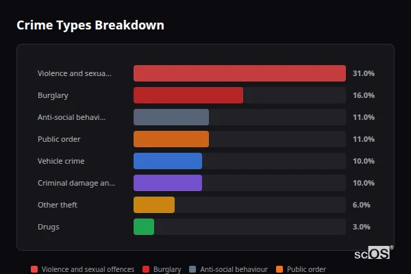 Crime Types Breakdown - Ewhurst Crime Types Breakdown for Ewhurst - showing Violence and sexual offences (31%), Burglary (16%), Anti-social behaviour (11%)